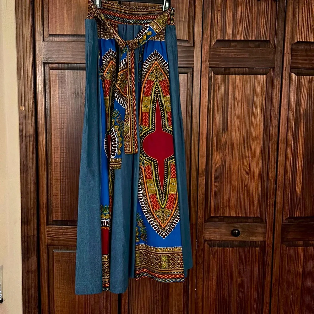 Wide leg maxi skirt, heavy denim, multi color accents - Picture 1 of 6